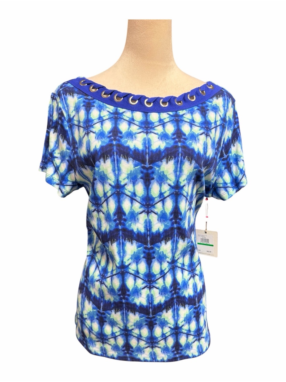 Rafaella Oceanic Blue Abstract Print Grommet Neck Top Size L NWT